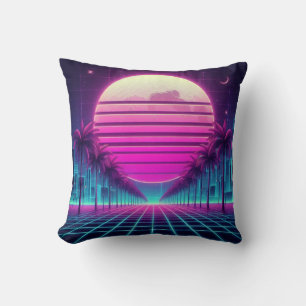 retro, 80s neon moon/palms/sunset throw pillow