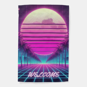 retro, 80s neon moon/palms welcome garden flag