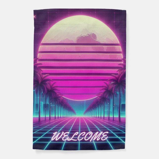 retro, 80s neon moon/palms welcome garden flag (Front)