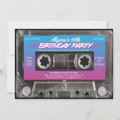 Retro 80s Neon Pink Blue Cassette 40th Birthday  Invitation