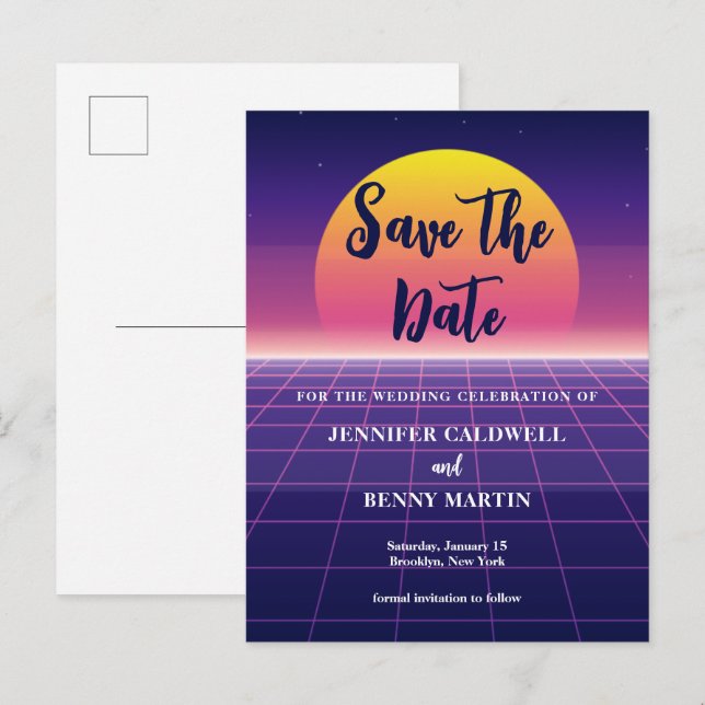 Retro 80s Neon Purple Synthwave Sunset Rock Star Announcement Postcard (Front/Back)