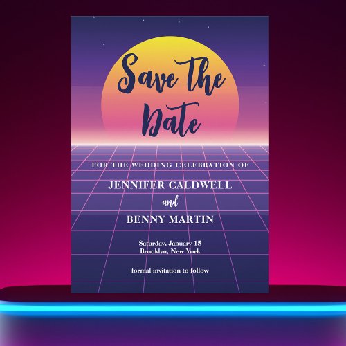 Retro 80s Neon Purple Synthwave Sunset Rock Star Save The Date