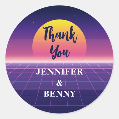 Retro 80s Neon Purple Synthwave Sunset Thank You Classic Round Sticker