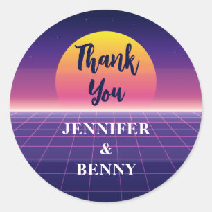 Retro 80s Neon Purple Synthwave Sunset Thank You Classic Round Sticker