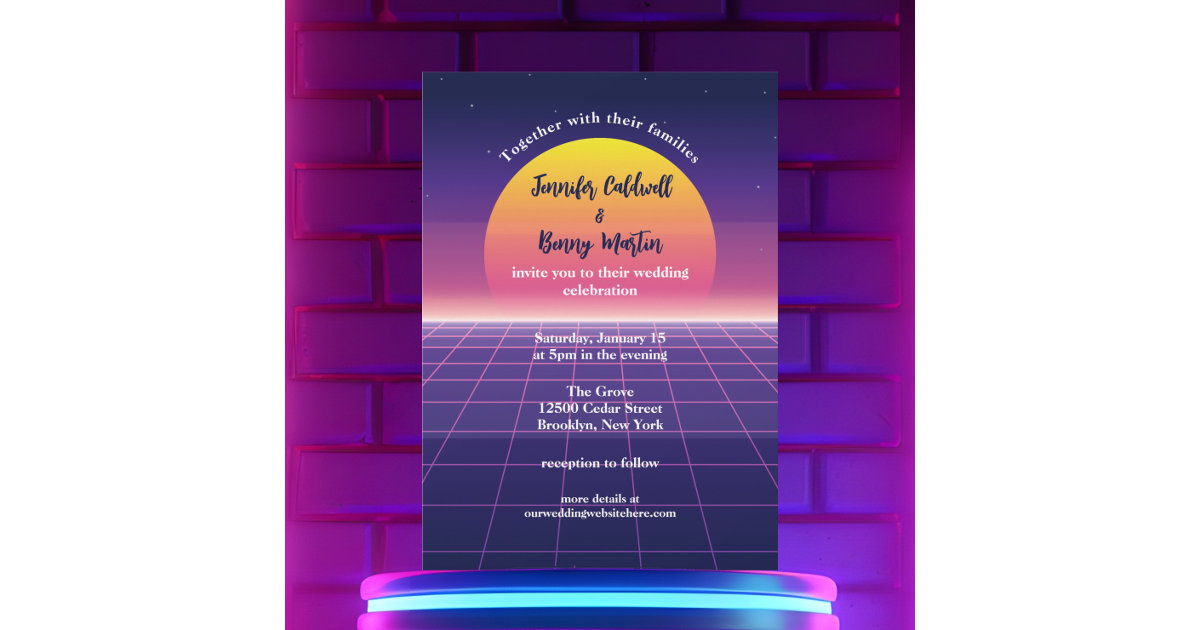 Retro 80s Neon Purple Synthwave Sunset Wedding Invitation | Zazzle