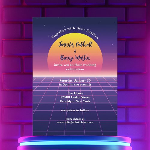 Retro 80s Neon Purple Synthwave Sunset Wedding Invitation