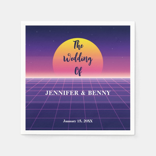 Retro 80s Neon Purple Synthwave Sunset Wedding Napkins (Front)