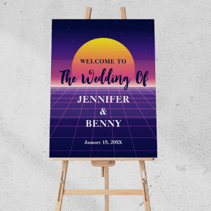 Retro 80s Neon Purple Synthwave Sunset Wedding Pos Foam Board