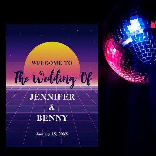 Retro 80s Neon Purple Synthwave Sunset Wedding Poster