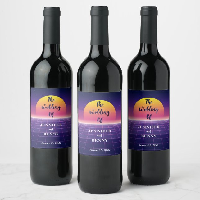 Retro 80s Neon Purple Synthwave Sunset Wedding Wine Label (Bottles)