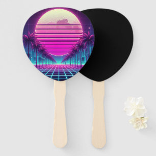 retro, 80s neon sun and palms hand fan