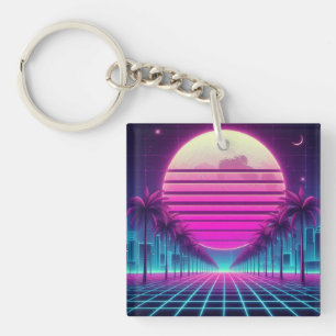 retro, 80s neon sun/palms keychain