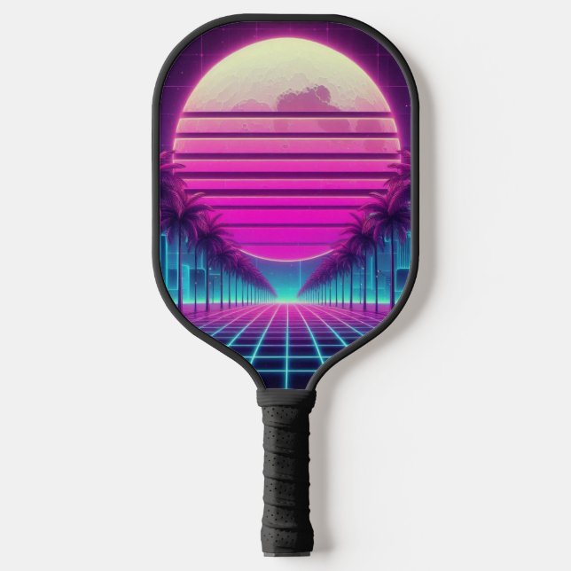 retro, 80s neon sun & palms  pickleball paddle (Front)