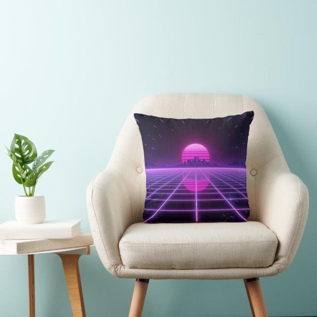 Retro 80s Neon Synthwave Grid Throw Pillow (Chair)