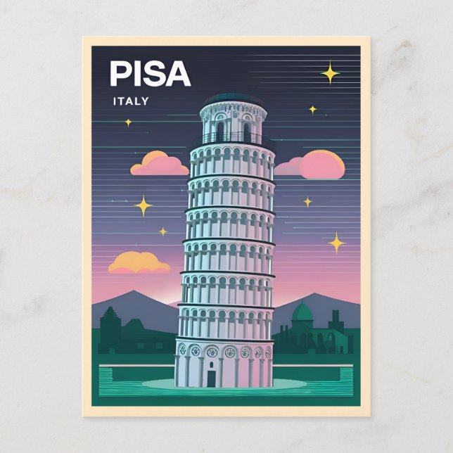 Retro 80s Neon Synthwave Leaning Tower Pisa Italy Postcard (Front)