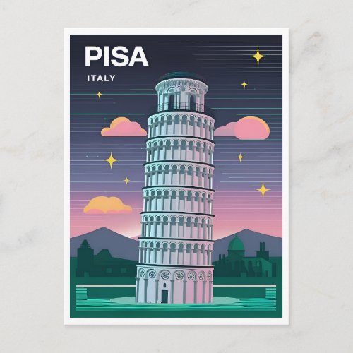 Retro 80s Neon Synthwave Leaning Tower Pisa Italy Postcard