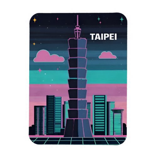 Retro 80s Neon Synthwave Taipei 101 Taiwan Magnet