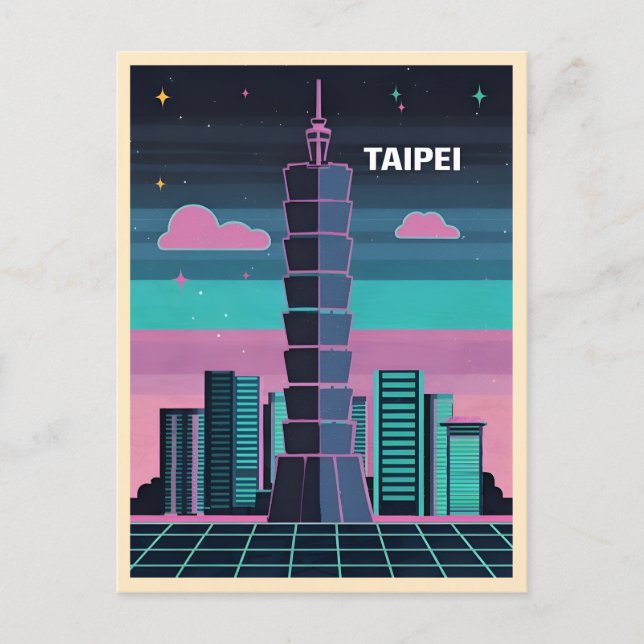 Retro 80s Neon Synthwave Taipei 101 Taiwan Postcard (Front)