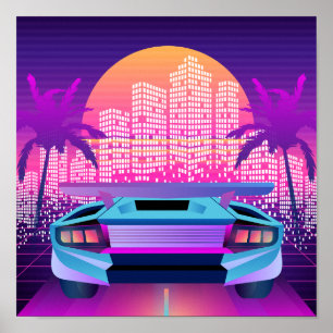 Retro 80s Neon Vaporwave City Sunset and Car Poster