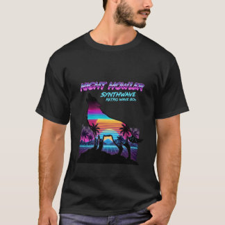 Retro 80s Neon Wolf Howling Vaporwave Palm Trees T-Shirt