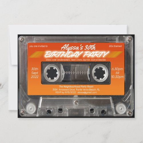 Retro 80s Orange Mixtape Cassette Party Invitation