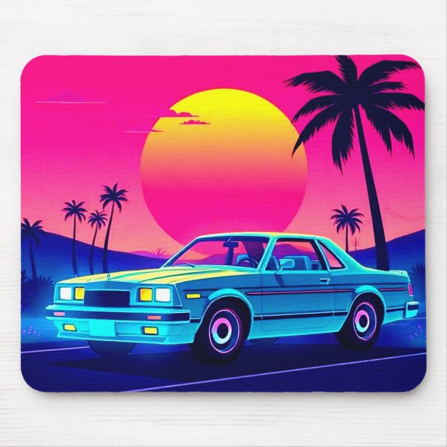 Retro 80s Outrun Sunset XL Gaming Desk Mat Mouse Pad (Front)