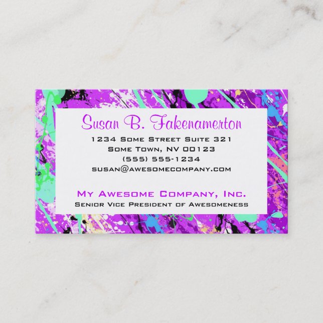 Retro 80's Paint Splatter - Purple Business Card (Front)