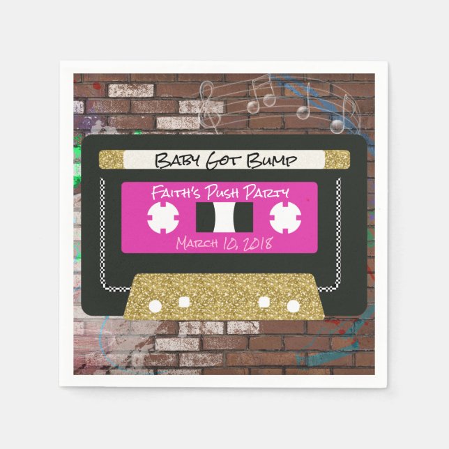 Retro 80's Pink and Gold Cassette Tape Paper Napkins (Front)