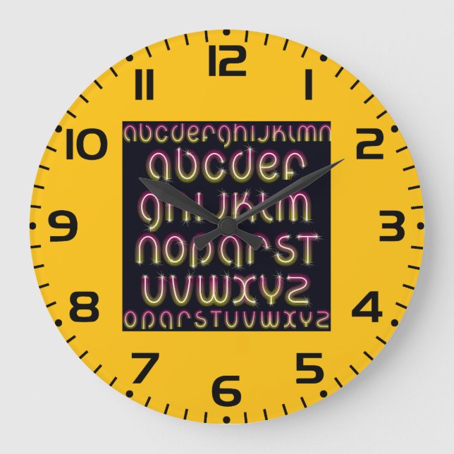 Retro 80s Pink and Yellow Glowing Neon Alphabet Large Clock (Front)