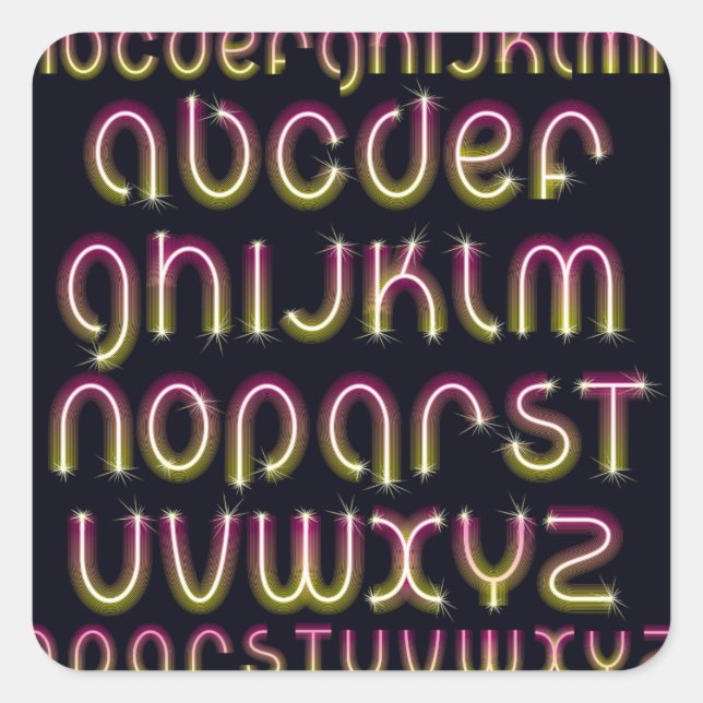 Retro 80s Pink and Yellow Glowing Neon Alphabet Square Sticker (Front)