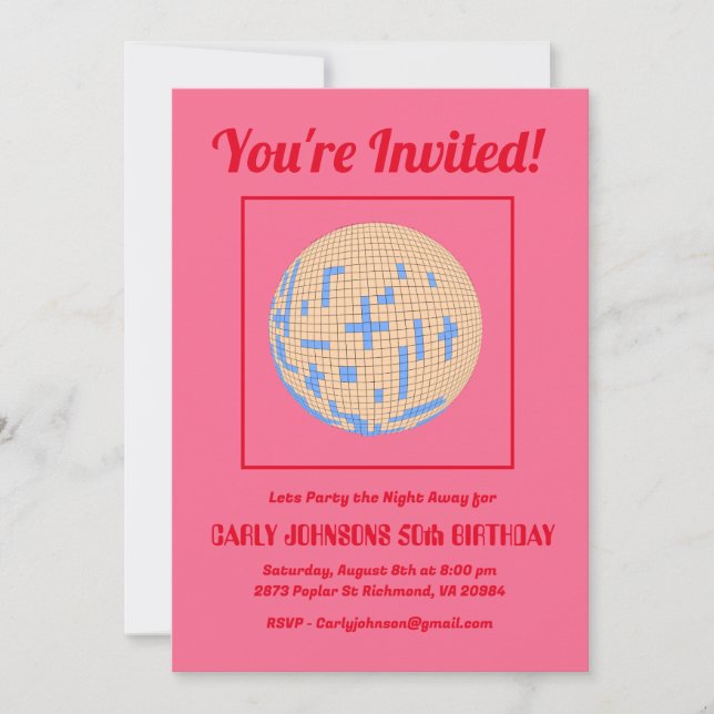 Retro 80s Pink Blue Yellow Disco 50th Birthday  Invitation (Front)