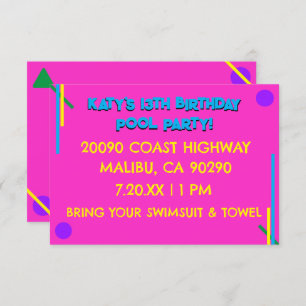 Retro 80's  Pink Girl's 13th Birthday Pool Party Invitation