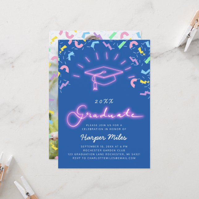 Retro 80s pink neon graduation hat photo invitatio invitation (Front/Back In Situ)