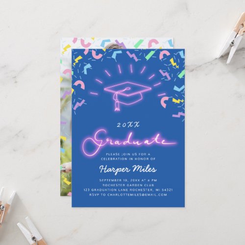 Retro 80s pink neon graduation hat photo invitatio invitation