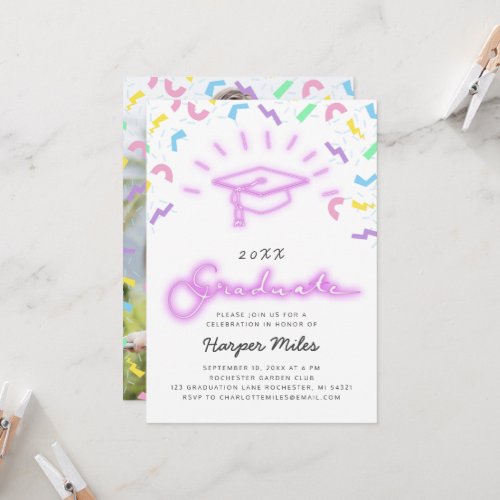 Retro 80s pink neon graduation hat photo invitation