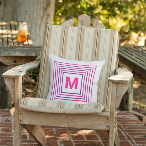 Retro 80s Pink Purple Colorful Monogram Off_White Outdoor Pillow