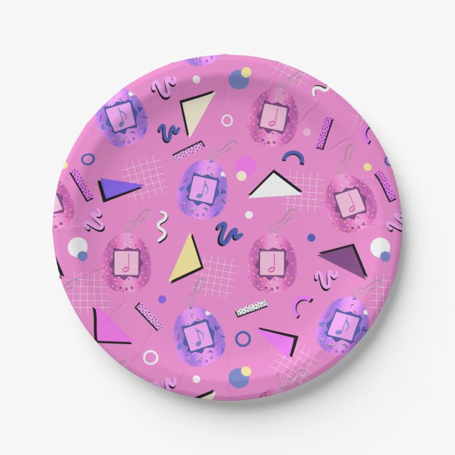 Retro 80's Pink Tamagotchi Paper Plates (Front)