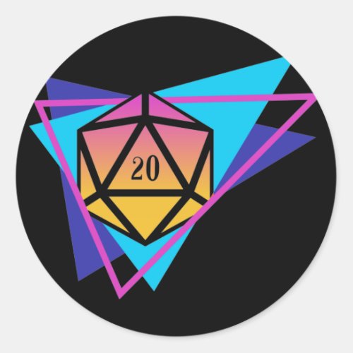 Retro 80s Polyhedral D20 Dice Tabletop RPG Classic Round Sticker