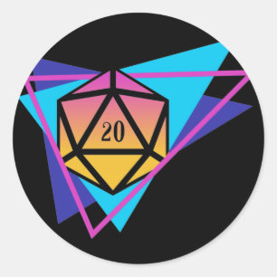 Retro 80s Polyhedral D20 Dice Tabletop RPG Classic Round Sticker
