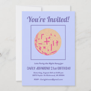 Retro 80s Purple Pink Yellow Disco 21st Birthday  Invitation