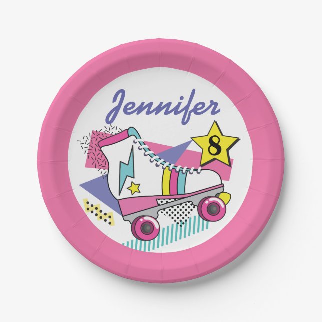 Retro 80's Roller Skate Party Birthday Paper Plates (Front)