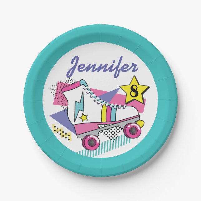 Retro 80's Roller Skate Party Birthday Paper Plates (Front)