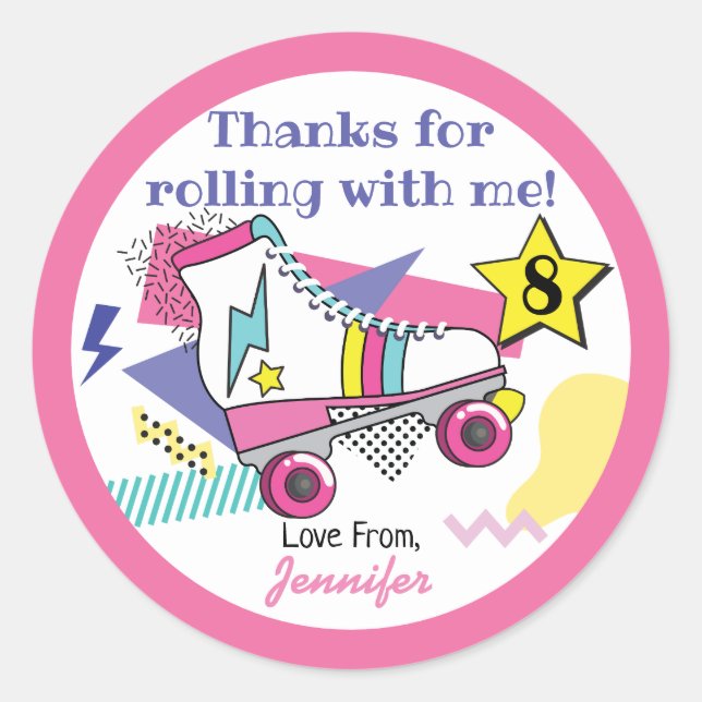 Retro 80's Skate Party Birthday Thank you Classic Round Sticker (Front)