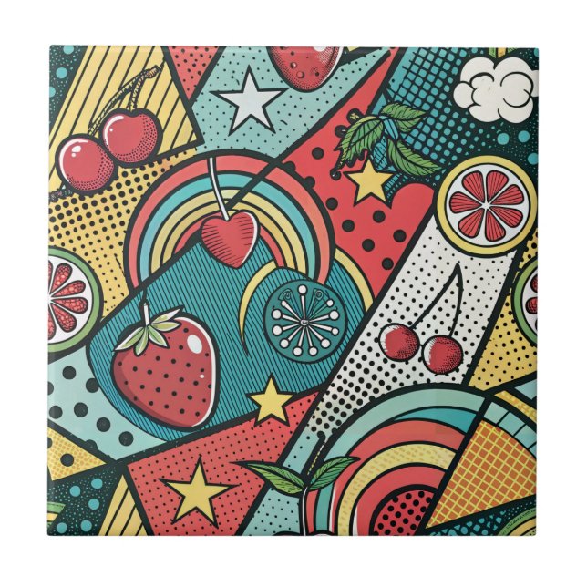 Retro 80s Strawberry Pop Art Comic Book Pattern Ceramic Tile (Front)