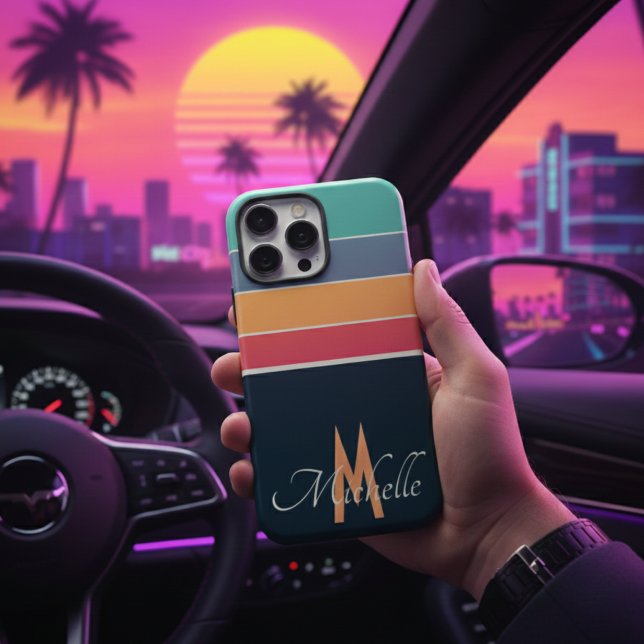 Retro 80s Stripes Monogrammed Navy Blue Aesthetic Case-Mate iPhone Case (Creator Uploaded)