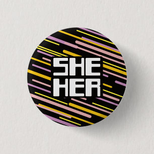 Retro 80s Stripes She/Her Pronouns Button