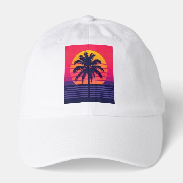 Retro 80s Sunset Palm Tree Synthwave Art Hat (Front)