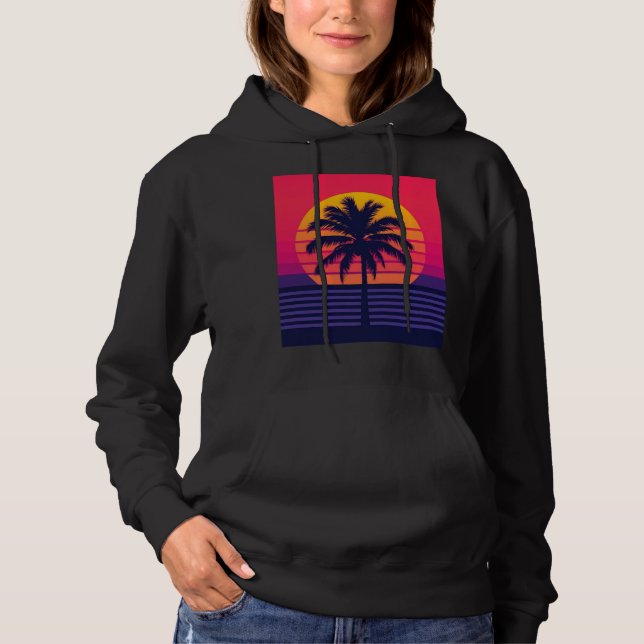 Retro 80s Sunset Palm Tree Synthwave Art Hoodie (Front)