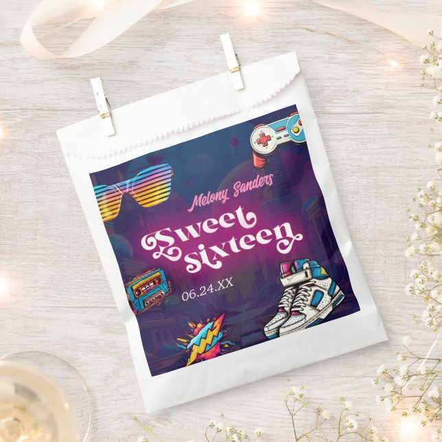 Retro 80's Sweet 16 Birthday Party Favor Bag (Clipped)