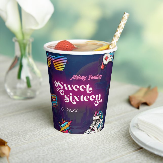 Retro 80's Sweet 16 Birthday Party Paper Cups (Insitu)